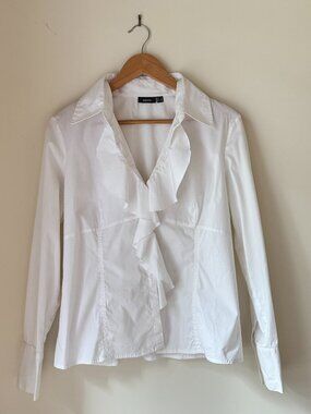 Mexx White Ruffle Blouse Button Up Feminine Work Office Top M/L Y2K Office-core